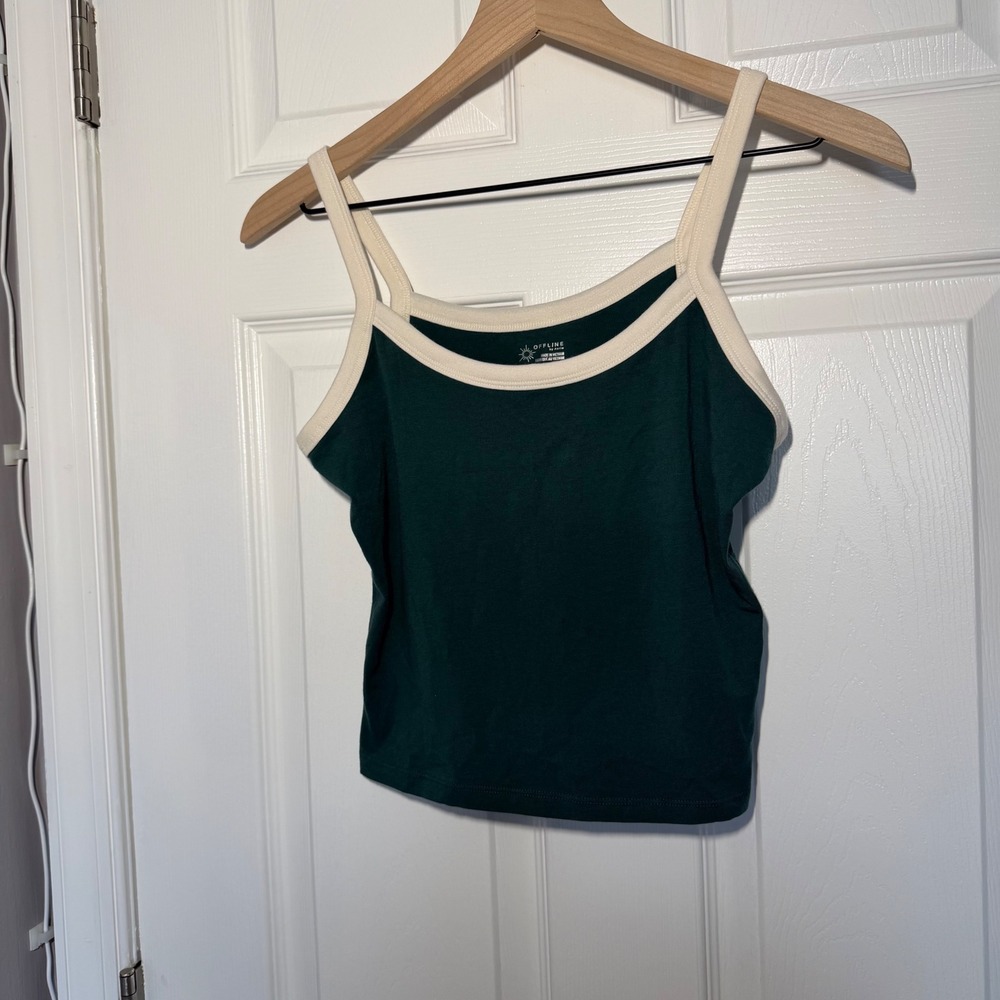 NEW OFFLINE by Aerie Ringer Crop Tank Top Green Cream Medium